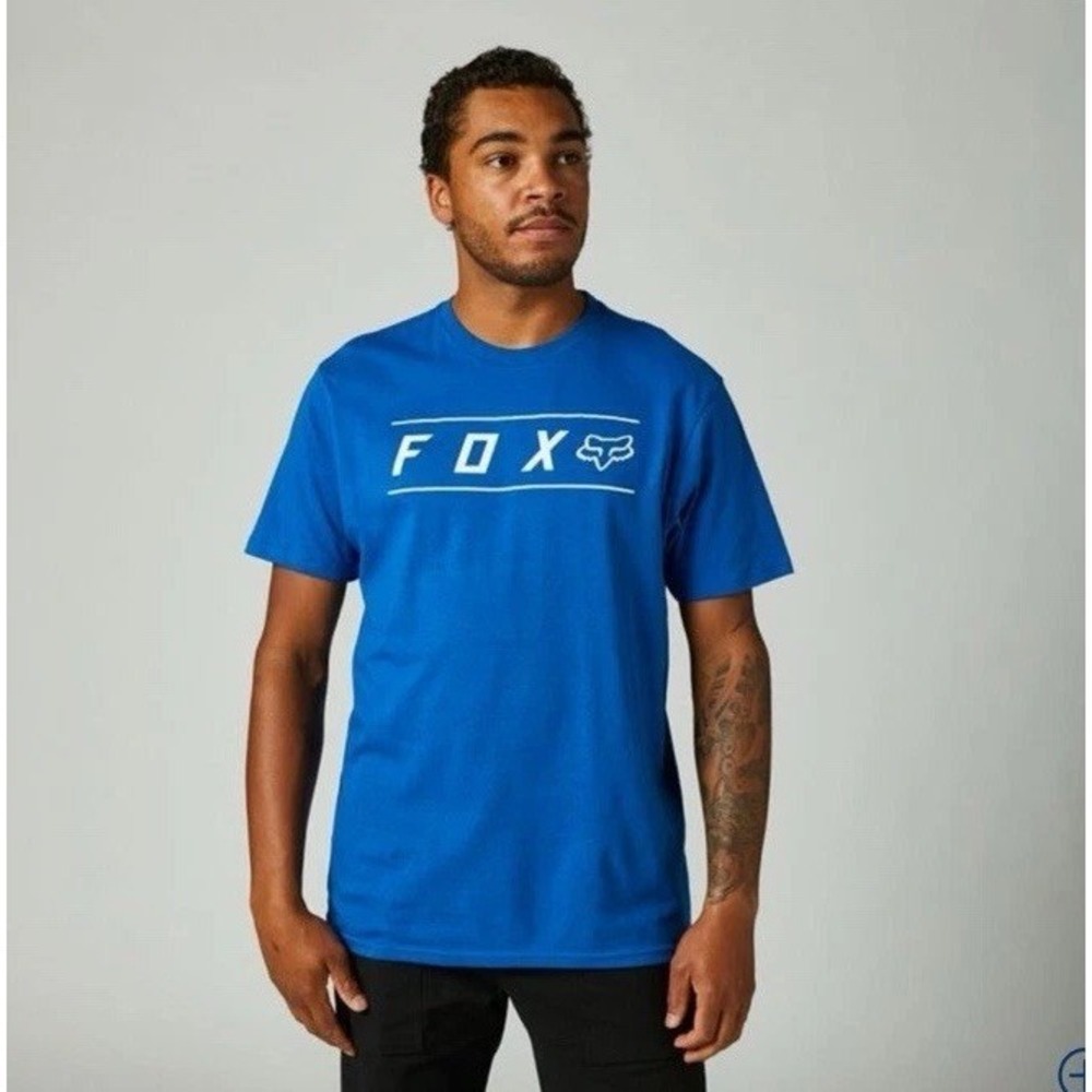 FOX RACING Pinnacle T Shirt Men's Medium Blue White Motocross Spell out Logo